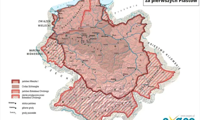 Mapa pokazuje państwo polskie za pierwszych Piastów, kiedy powstala Polska. Zaznaczono granice państwa Mieszka I i Bolesława Chrobrego.