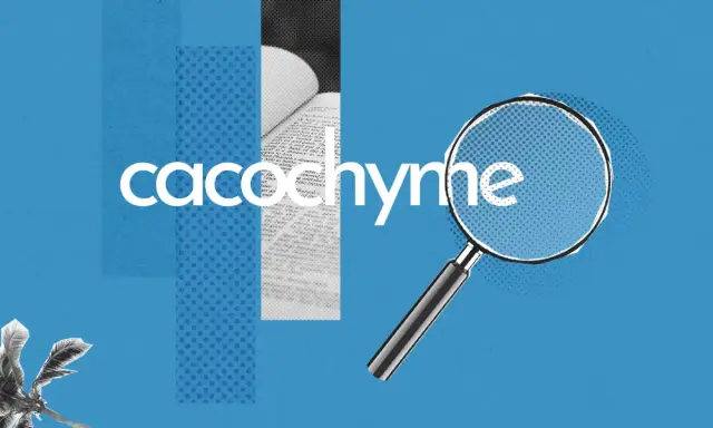 Une loupe examine le mot "cacochyme", un terme rare pour désigner une personne de mauvaise humeur. Le fond bleu et les motifs graphiques ajoutent une touche moderne.