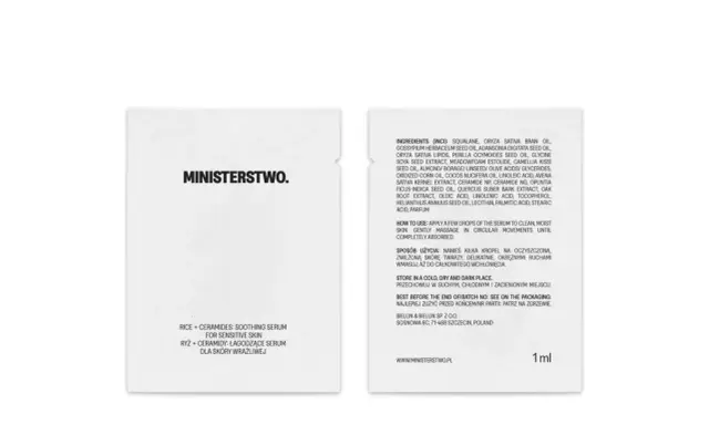 Biała saszetka z czarnym tekstem: logo "MINISTERSTWO.", nazwa produktu i skład.