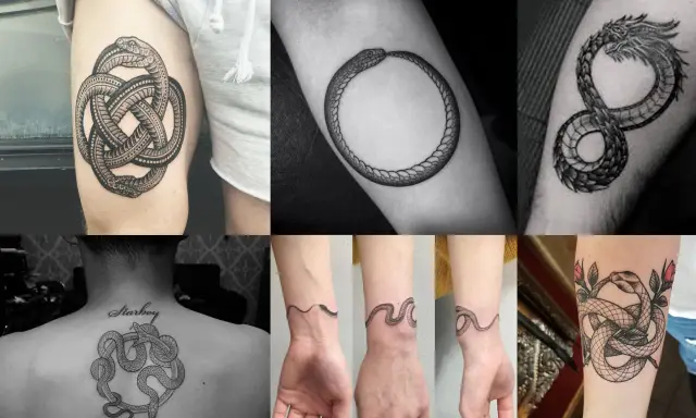 Tatouages de serpents entrelacés, symboles du temps et de l'éternité. Un Ouroboros, un dragon, et des motifs complexes ornent des bras, un dos et des poignets.