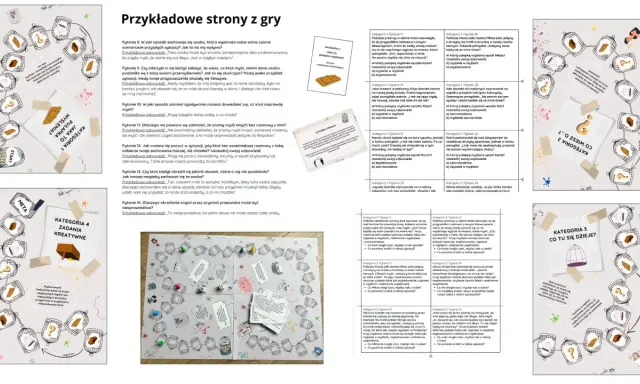 Gra w marynarza: plansza z pytaniami i ilustracjami klatek, symbolizująca pułapki myślenia.