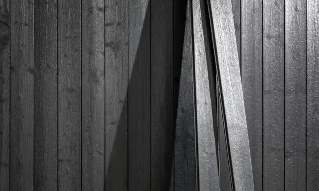 Vertikale Bretter aus karbonisiertem Holz, mit Schattenwurf und einer leichten Neigung.