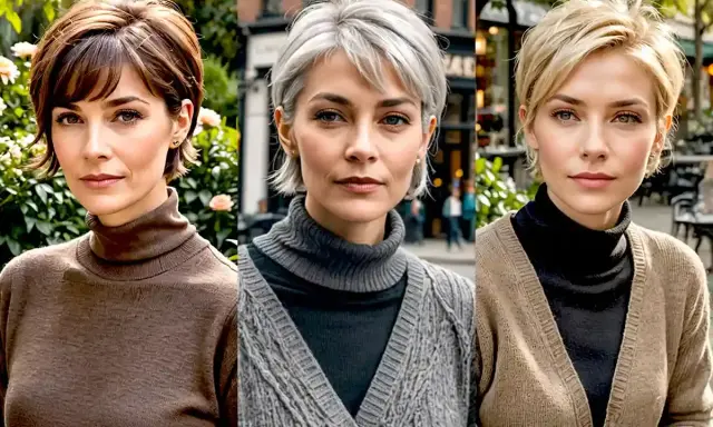Tres mujeres con un moderno corte bixie, cada una con un estilo y color de cabello diferente, posan juntas al aire libre.