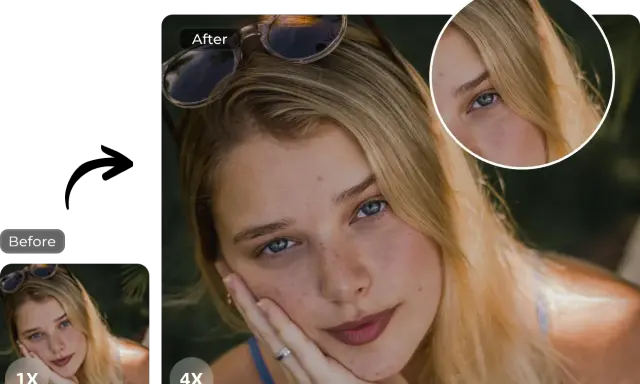 Comparación "antes y después" de un rostro femenino. La imagen "después" muestra un detalle ampliado con photoshop super resolution, revelando mayor nitidez.