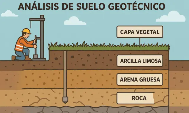 Un trabajador realiza un estudio geotecnico para entender las capas del suelo: capa vegetal, arcilla limosa, arena gruesa y roca.