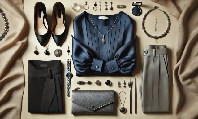 Elegancki zestaw: czarne szpilki, granatowa bluzka, szare spodnie, srebrna biżuteria. Jaki kolor pasuje do srebrnego? Czerń i granat tworzą klasyczną elegancję.