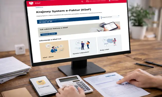 Na ekranie komputera widoczna jest strona Krajowego Systemu e-Faktur (KSeF), platformy do obsługi faktur. Obok leży smartfon z ikoną "E-FAKTURA", kalkulator i dokument "FAKTURA".