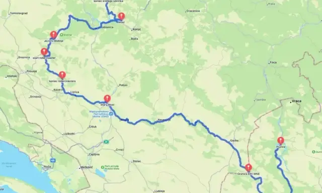Trasa podróżnicza przez Bośnię i Hercegowinę oraz Czarnogóra na mapie, z zaznaczonymi punktami widokowymi i atrakcjami.