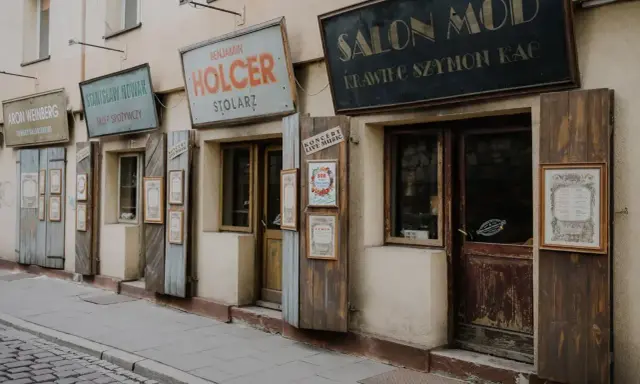 Ulica w dzielnicy żydowskiej Krakowa z zabytkowymi szyldami sklepów: "Salon Mód", "Benjamin Holcer Stolaz", "Stanisław Nowak Sklep Spożywczy".