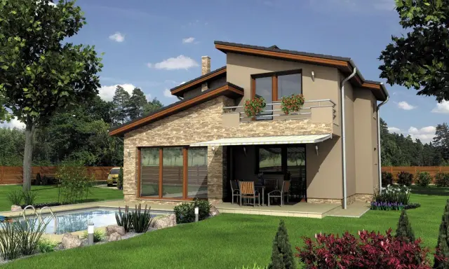 Eleganti case moderne esterni a due piani con piscina e giardino curato.