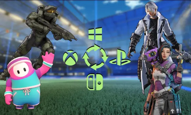 Master Chief, Fall Guy, i postacie z Borderlands i Final Fantasy symbolizują gry crossplay Xbox PC.