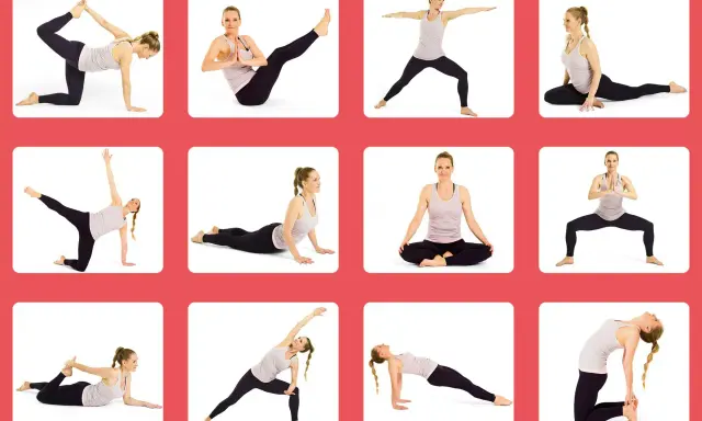 En kvinna utför olika yogaövningar, inklusive positioner som kan kopplas till yoni yoga, för att främja välbefinnande och styrka.