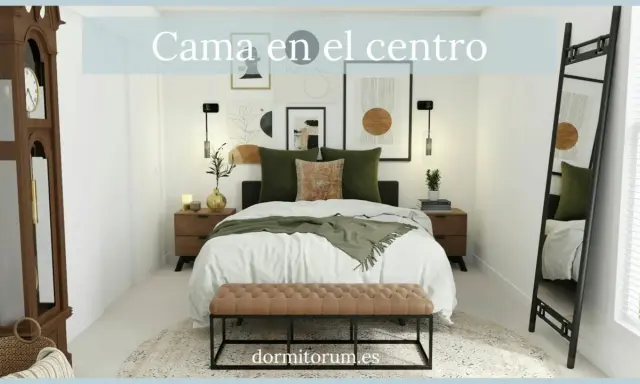 Distribución dormitorio matrimonio con cama central, mesitas de noche, espejo y reloj de pie.