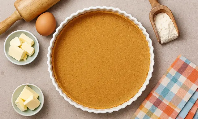 Fond de tarte avec biscuits écrasés sans beurre, prêt pour une garniture gourmande. Ingrédients : œuf, beurre, farine, rouleau à pâtisserie.