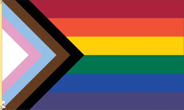 Progress Pride flag with stripes of red, orange, yellow, green, blue, and purple, plus a chevron of white, pink, light blue, brown, and black. This symbolizes inclusivity, suggesting Belize is gay friendly.