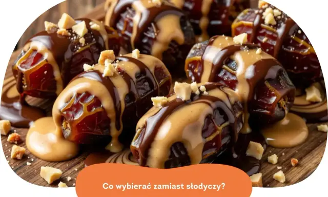 Daktyle z masłem orzechowym i czekoladą, posypane orzechami. Idealna przekąska, gdy zastanawiasz się, czym zastąpić słodycze.