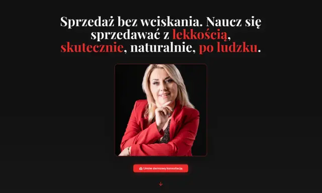 Kobieta w czerwonej marynarce uczy, jak sprzedawać skutecznie i naturalnie. Zapisz się na darmową konsultację.