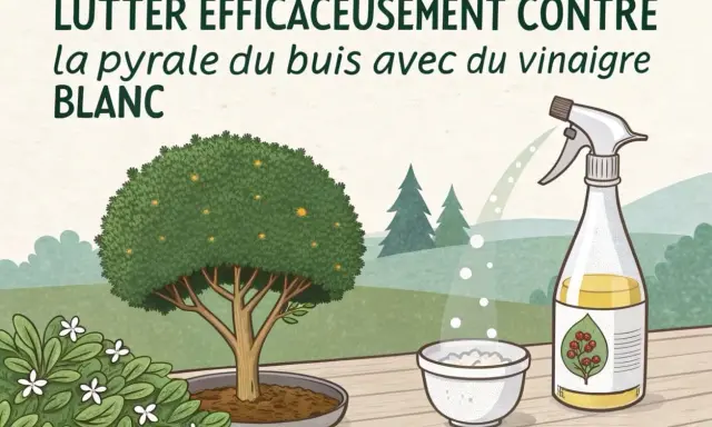 Lutter efficacemente contre la pyrale du buis avec du vinaigre blanc. Un buis sain, un pulvérisateur et un bol sont représentés.