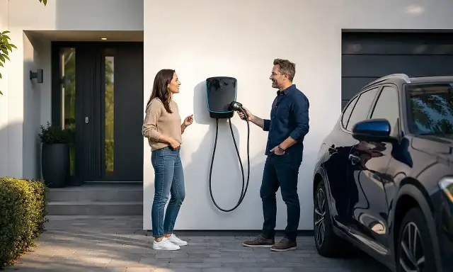 Ein Paar spricht vor einer Wallbox, die an der Hauswand montiert ist. Sie überlegen, welche Wallbox Kosten für sie am besten sind.