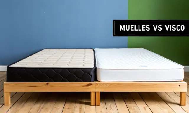 Dos colchones, uno de muelles ensacados y otro viscoelástico, sobre una base de madera. Comparativa muelles vs visco.