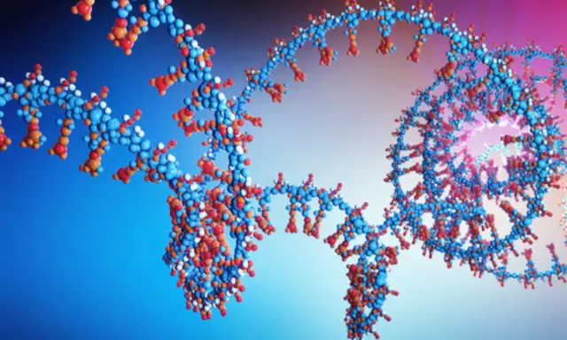 Estructura molecular tridimensional de el arn, con esferas azules, rojas y blancas representando átomos en una doble hélice.