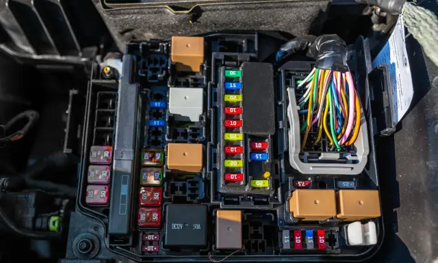 Caja de fusibles de coche con varios fusibles de diferentes amperajes y colores, relés marrones y un mazo de cables de colores.