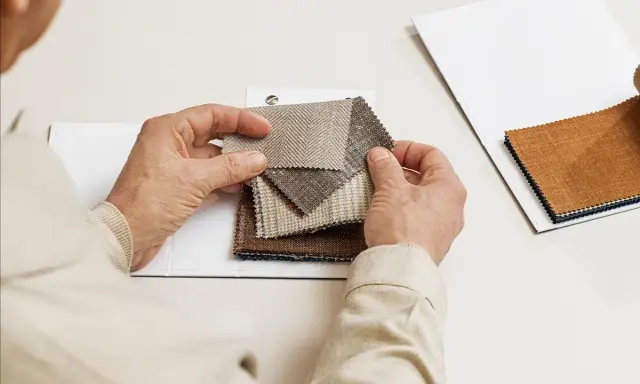 Hands examine fabric swatches, selecting the perfect butterfly lining for a project.