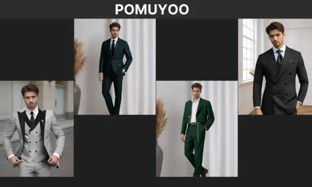 Men in stylish suits. A man in a grey suit, a man in a green plaid suit, a man in a cropped green suit, and a man in a black double-breasted suit.