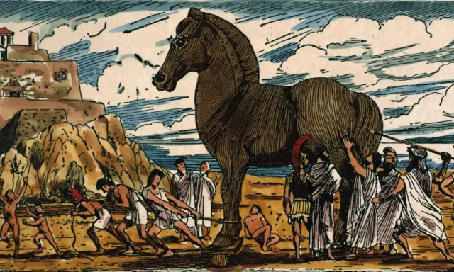 Menschen ziehen ein riesiges hölzernes Pferd in Richtung einer Stadt. Die trojanisches pferd geschichte beginnt hier.