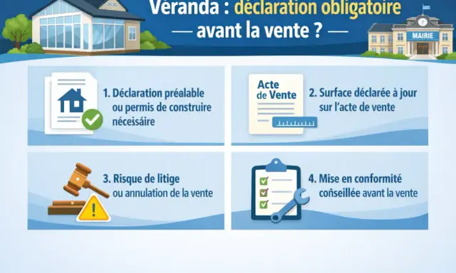Véranda : déclaration obligatoire avant la vente. Étapes : permis, surface à jour, éviter litiges, mise en conformité.