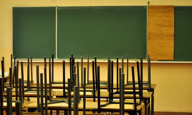Puste krzesła odwrócone na ławkach w klasie, czekające na uczniów, kiedy idziemy do szkoły.