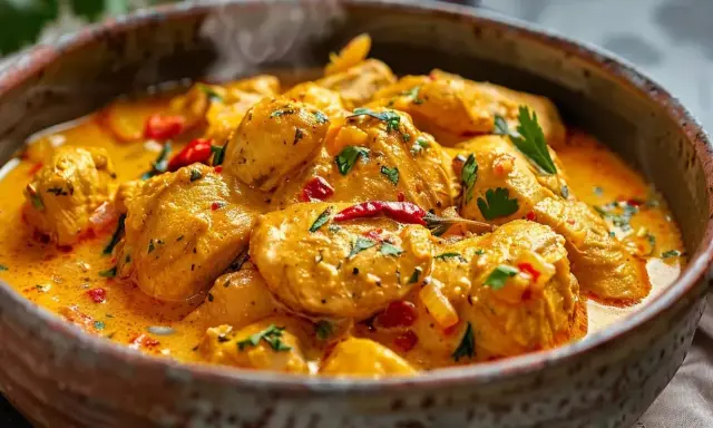 En krämig kyckling curry gryta med bitar av kyckling, chili och persilja i en rustik skål.