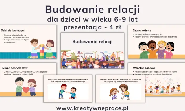 Dzieci budują relacje, dzieląc się i pomagając. Wzmacnia to przyjaźń, szanując różnice i bawiąc się wspólnie.