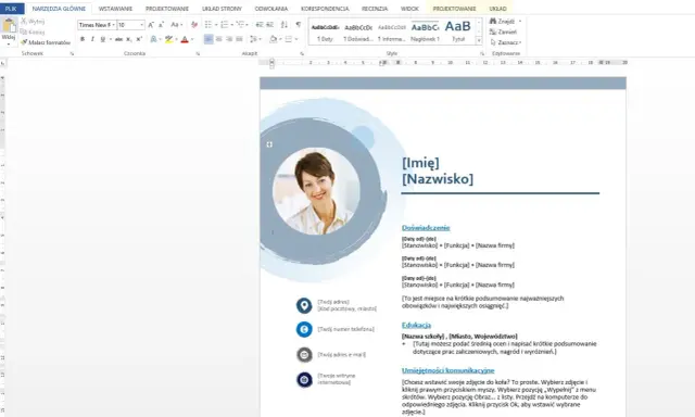 CV wzór Word: szablon z miejscem na zdjęcie, dane kontaktowe, doświadczenie, edukację i umiejętności.