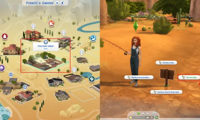 Mapa gry The Sims 4 z zaznaczonym parkiem "Pustynny Kwiat". Obok postać z wędką, gotowa na łowienie ryb.