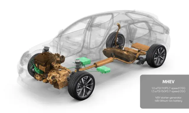 Schemat napędu mild hybrid: silnik, skrzynia biegów DSG, 48V starter-generator i bateria litowo-jonowa.