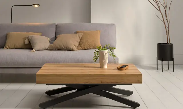 Mesa elevable de madera con motor, ideal para tu salón. Un diseño moderno con patas negras y un estilo único.