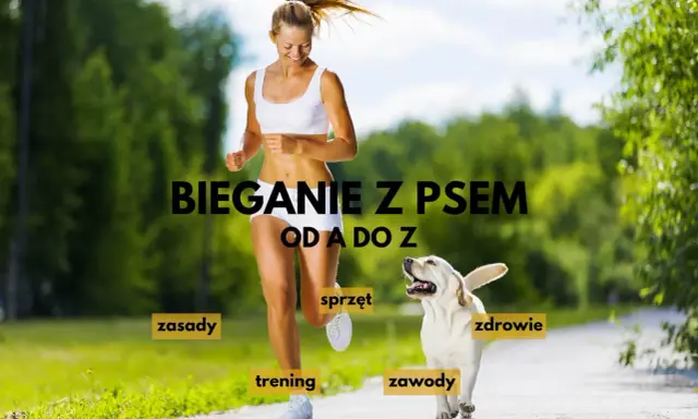 Szczęśliwa kobieta i jej pies biegają po parku. Napis "Bieganie z psem od A do Z" sugeruje kompleksowy przewodnik po tej aktywności.