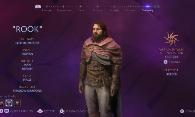 Postać "Rook" w grze Dragon Age 4. Lloyde Mercar, człowiek, mag z przeszłością "Shadow Dragons".