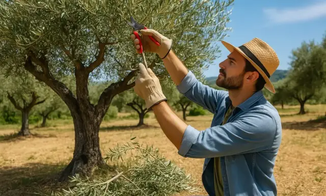 Un homme au chapeau de paille s'applique à tailler un olivier d'ornement, sous un ciel bleu d'été.