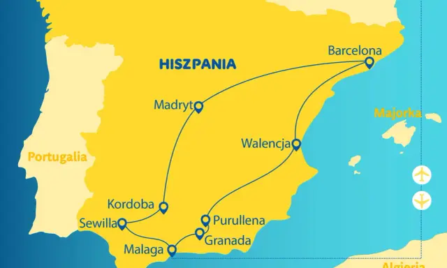 Mapa turystyczna Hiszpanii z zaznaczonymi miastami: Madryt, Barcelona, Walencja, Majorka, Sewilla, Kordoba, Malaga, Grenada.
