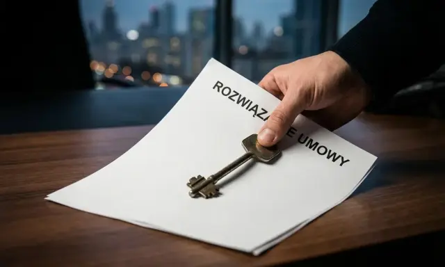 Klucz do wolności. Dokument "Rozwiązanie umowy" i klucz symbolizują, jak odejść z pracy z dnia na dzień, otwierając nowe drzwi.