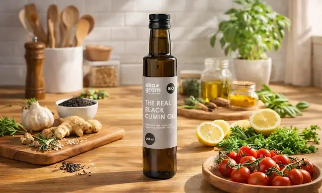 Olej z czarnuszki jak stosować? Butelka oleju z czarnuszki na blacie kuchennym, obok czosnku, imbiru, cytryny i pomidorków.