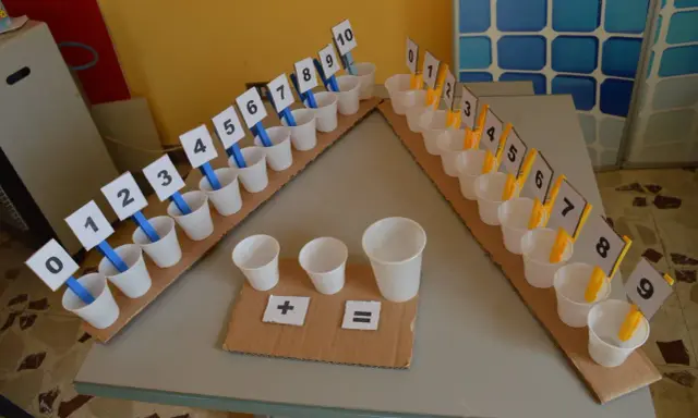 Una linea dei numeri da costruire con bicchierini e cartellini numerati da 0 a 10. Simboli matematici per esercizi.