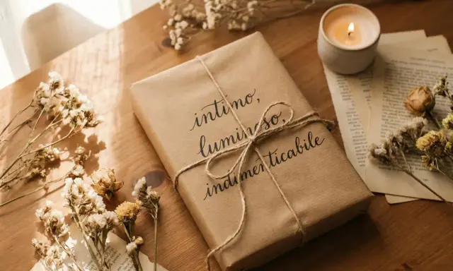 Un libro incartato con cura, con la scritta "intimo, luminoso, indimenticabile", circondato da fiori secchi e una candela accesa. Perfetto per storie da leggere.