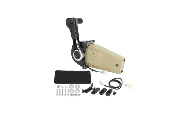 Ensemble de montage pour commande à distance de bateau, incluant levier, câblage et accessoires de fixation.
