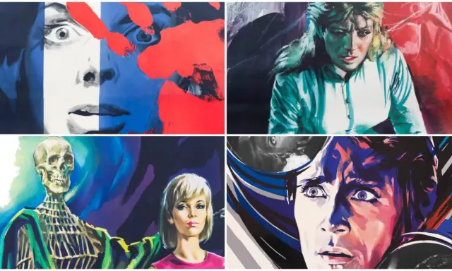 Volti spaventati e uno scheletro in poster di film horror, evocano l'atmosfera dei capolavori di Mario Bava.