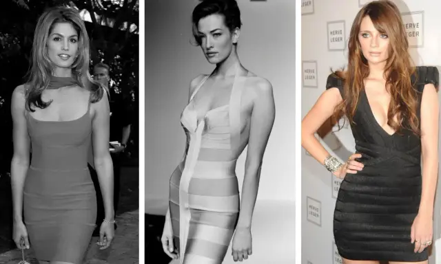 Three women showcase the iconic bandage dress, a symbol of body-hugging glamour and timeless style.
