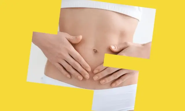 Dłonie na brzuchu, symbolizujące potencjalne maślan sodu skutki uboczne, takie jak dyskomfort.