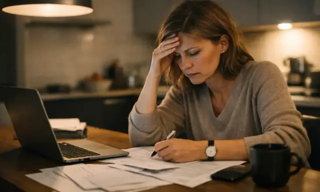 Zamyślona kobieta pochyla się nad dokumentami, pisząc. Na stole laptop i kubek. Może to wniosek o stwierdzenie nabycia spadku.